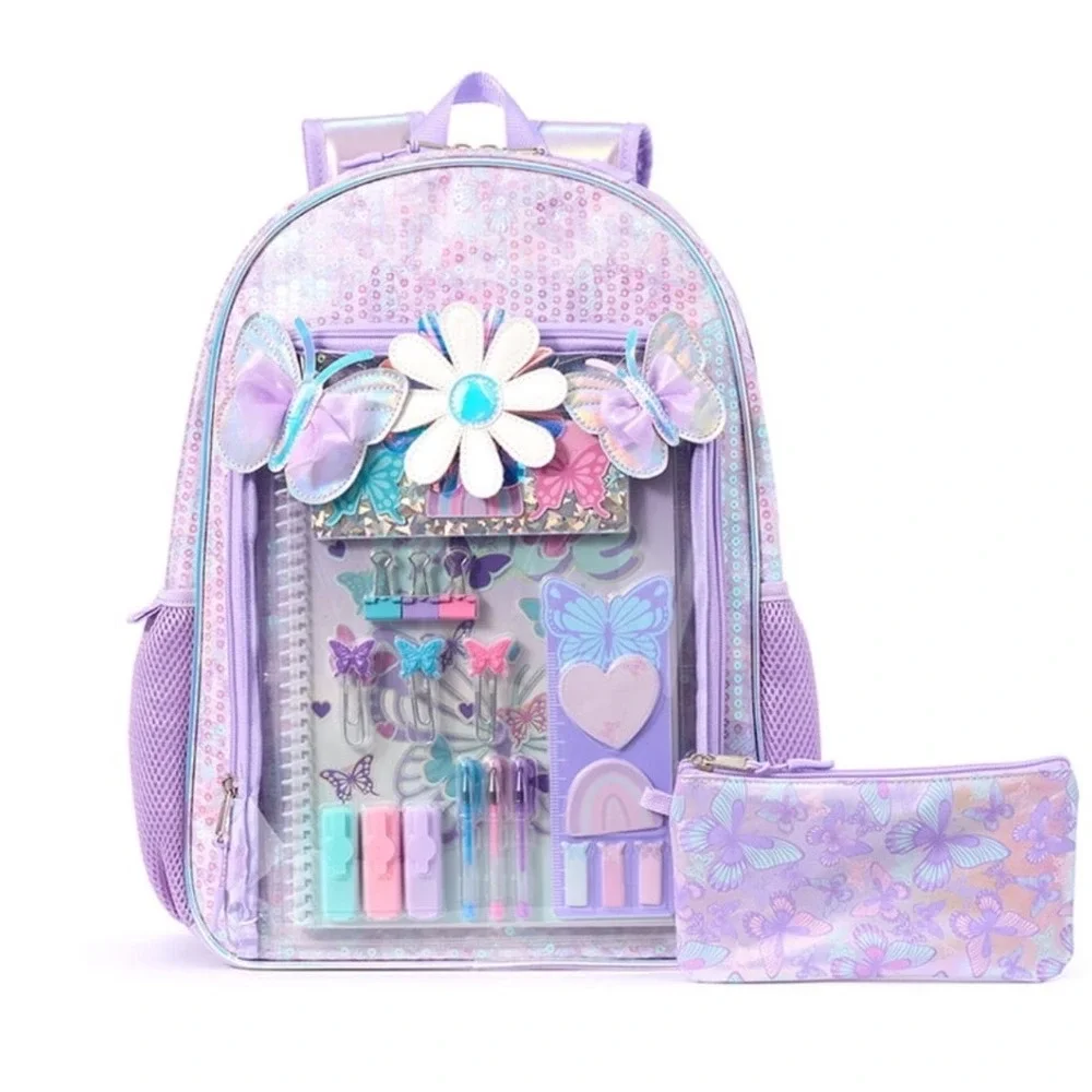 School Yard Vibes Lavender Sequin Butterfly Daisy 17in Backpack Activity Set NEW